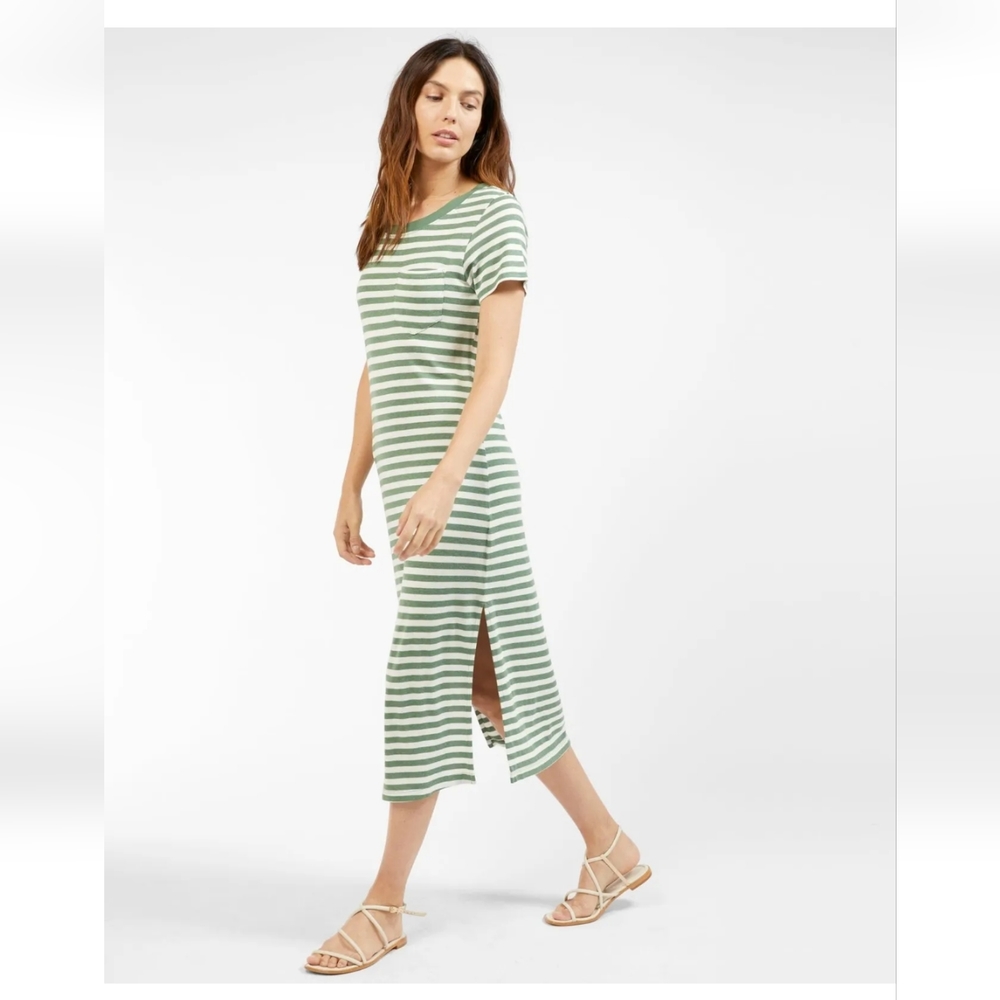 Outerknown Neptune Tee Dress in Green Grass / Salt Stripe, Size Large NWT